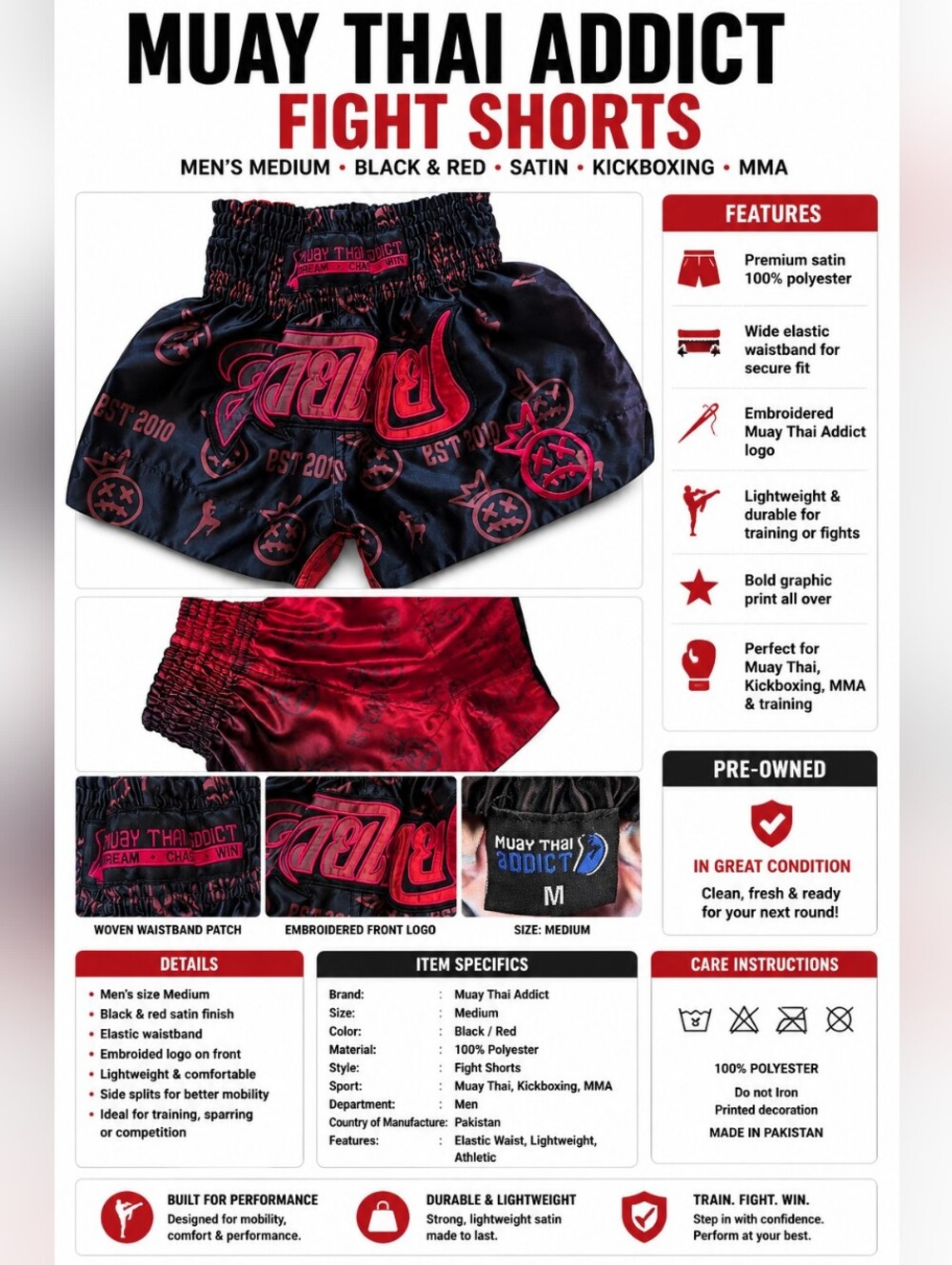 Muay Thai Addict Black Red Fight Shorts Men's Medium MMA Kickboxing Training